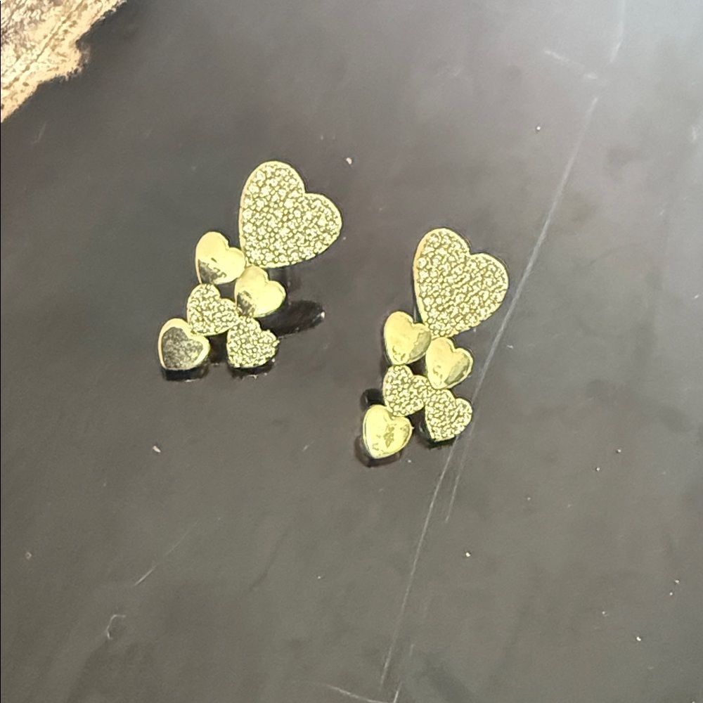 Gold Heart Cluster Earrings CZ Detail NEW Drop Stud Post Earrings